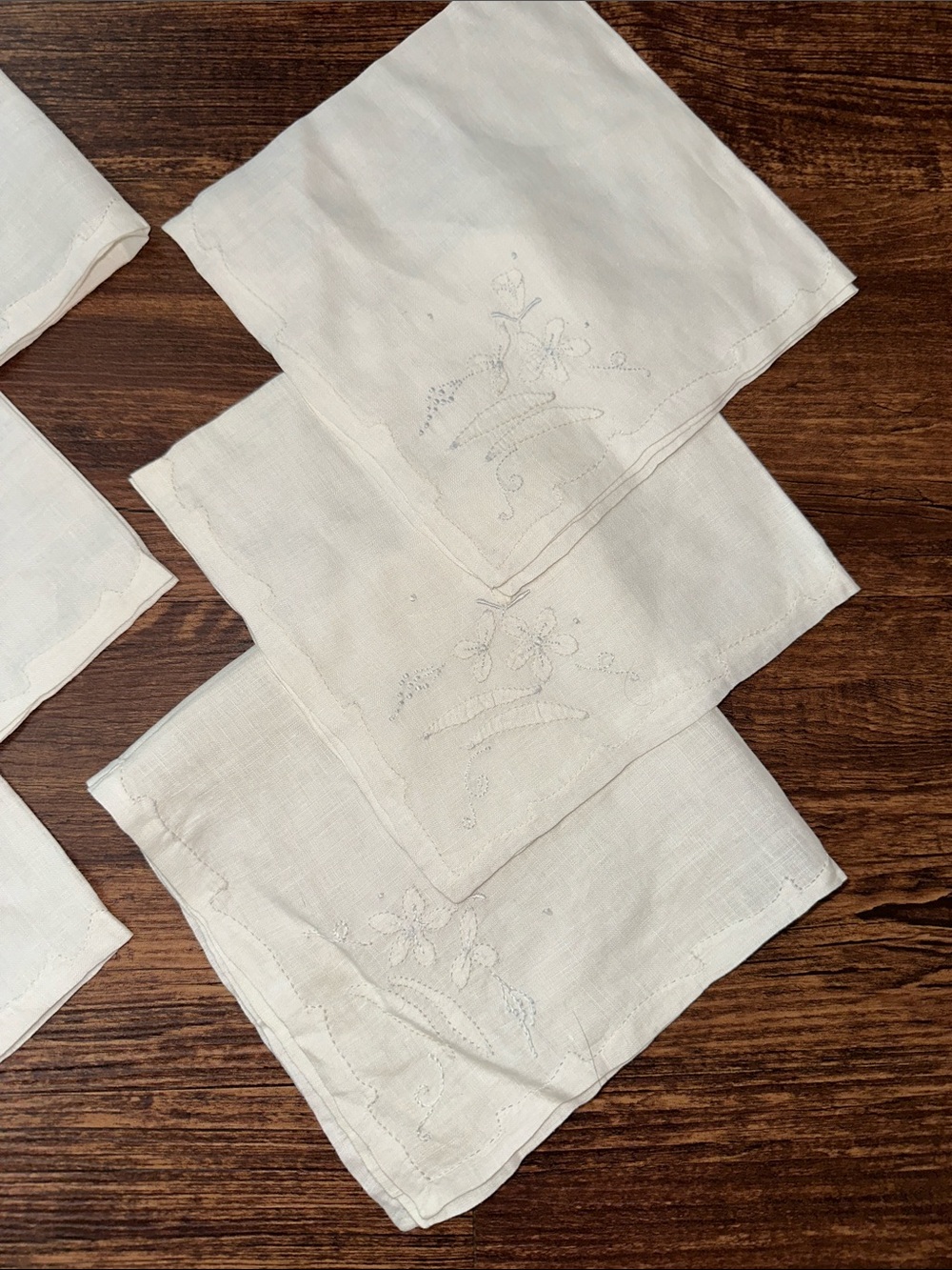 Vintage 6 White Linen Handmade Napkins Wedding Light Blue Embroidery